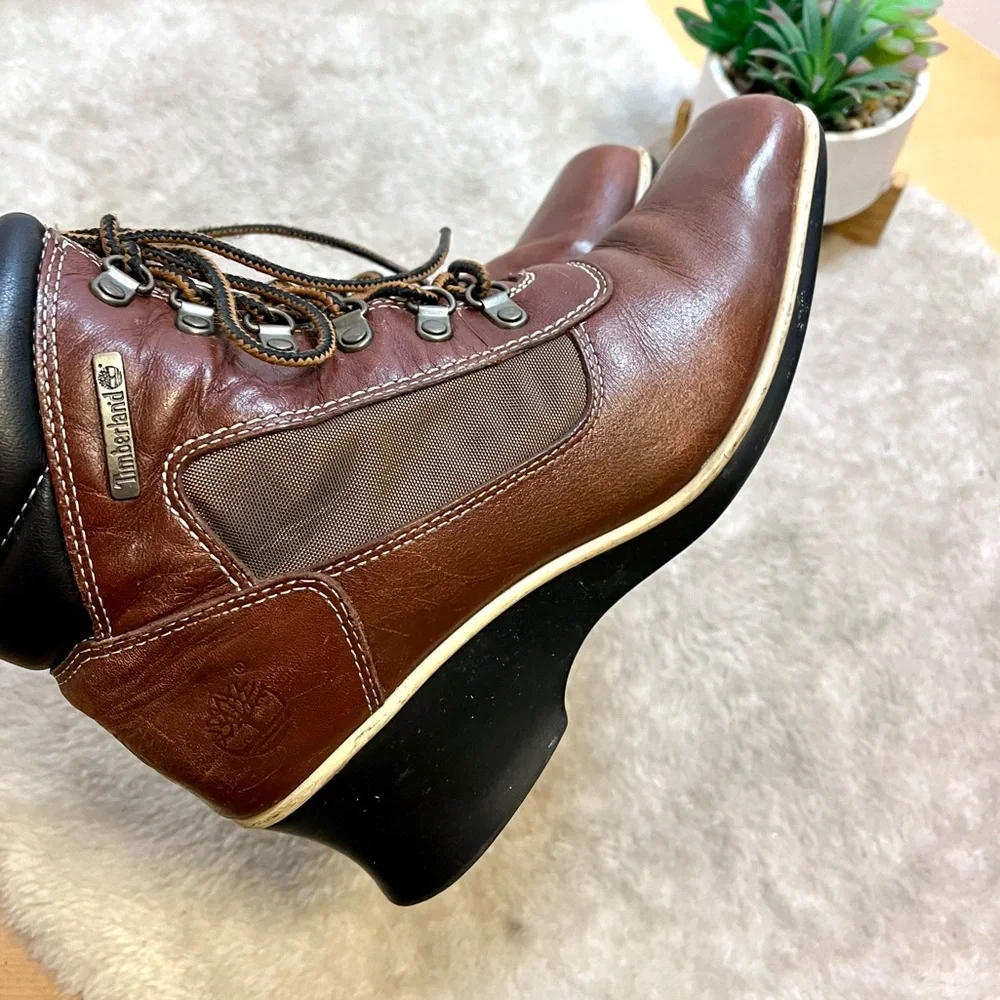 *๐HP ๐ Timberland | Brown Leather Square Toe Lace-Up Wedge Boots Size 6.5 - Picture 10 of 10